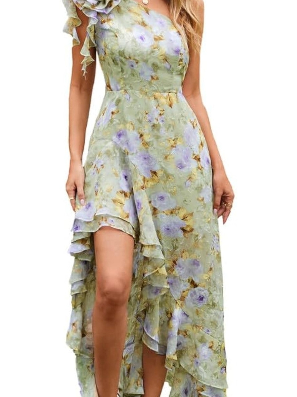 Grace Karin Sage Green and Lavender Floral One-Shoulder High-Low Dress